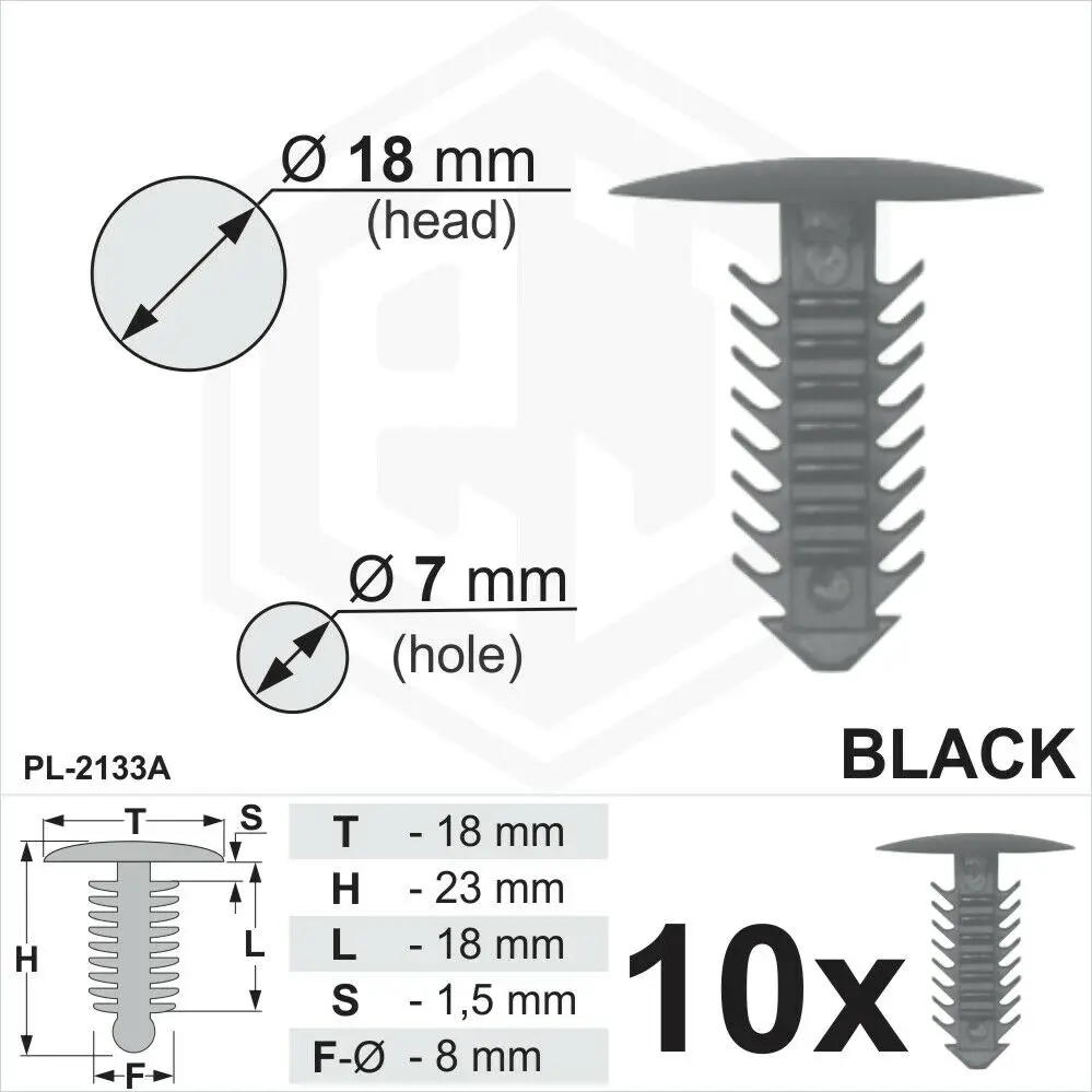 

10 x Black Plastic Fir Tree Trim Clips 7mm Hole, 18mm Head Car Universal Plugs