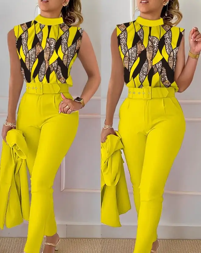 

Two Piece Sets Womens Outifits 2023 Summer Fashion Leopard Print Mock Neck Sleeveless Top & Casual High Waist Pocket Pants Set