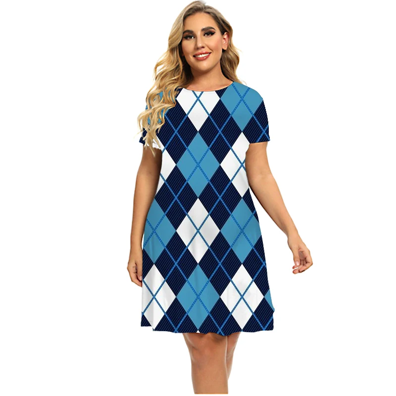 

Women's Diamond Square Checkered Printed Short-sleeved Women's Dress Street Fashion Round Neck Short-sleeved Women's Dress
