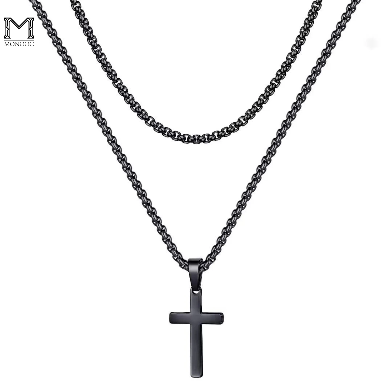 

MONOOC Layered Cross Necklace for Men 18K Gold Silver Black Stainless Steel Men Cross Chain Layered Box Chain For Women Boy Girl