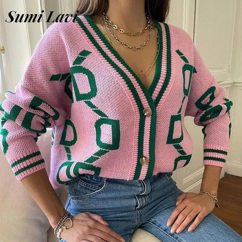 

Fashion Ladies Button Loose Tops Outwear Women Elegant V Neck Long Sleeves Cardigan Coat Autumn Winter Knitted Pattern Sweaters
