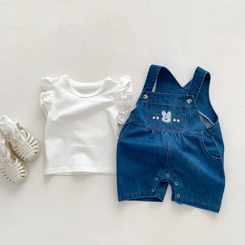 

Summer Baby Boy Girl Clothes Ruffles Sleeve White T-shirt Tops Rabbit Embroidery+Denim Overall Suspender Jeans 2Pcs Fashion Suit