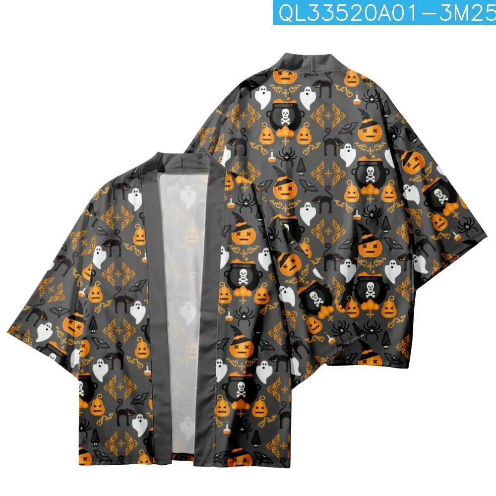 

Loose Japanese Streetwear Halloween Pumpkin Print Cardigan Women Men Harajuku Haori Kimono Cosplay Top Shirts Yukata