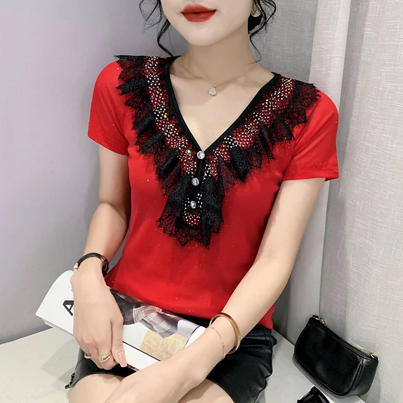 

Summer female clothing mesh tops short sleeve tees vintage ruffles lace v neck diamonds t-shirts for women ladies sexy t shirt
