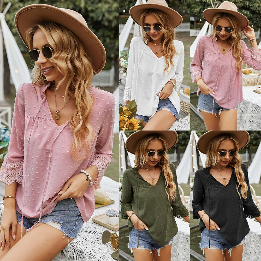 

wholesale women bloues Chiffon Embroidery Flare Sleeve Spring Autumn streetwear women top graphic t shirts blouses Tops Tees