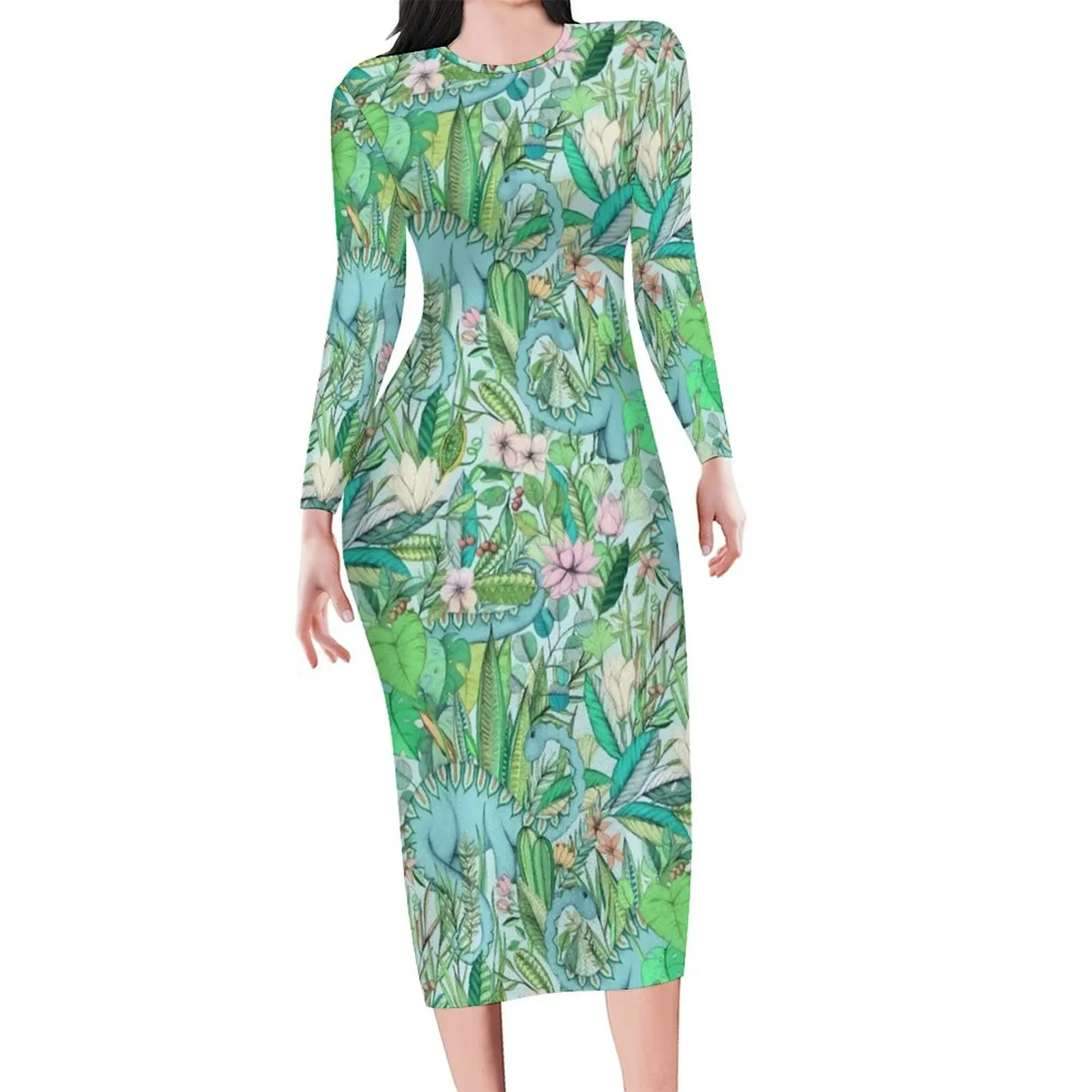 

Botanical With Dinosaurs Dress Dinosaur Floral Streetwear Dresses Holiday Night Club Bodycon Dress Design Oversized Vestido