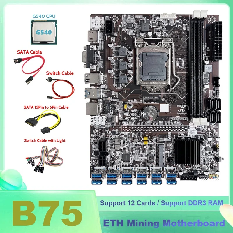 B75 BTC Miner Motherboard 12XUSB With G540 CPU+Switch Cable+SATA Cable+Switch Cable With Light+6Pin To Dual 8Pin Cable