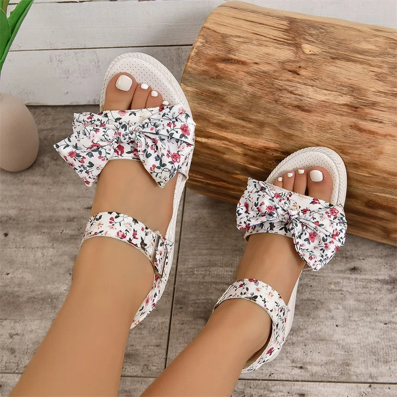 Shoes for Women 2023 Basic Women's Sandals Summer Casual Sandals Women Fashion Bow Wedges Shoes Ladies Print Platform Sandals