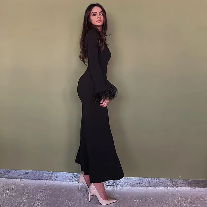 Solid Feather Sleeve Dress Women Elegant O-Neck Hip Wrap Long Skirt 2022 Autumn Ladies Fashion Slim Party Club Dresses