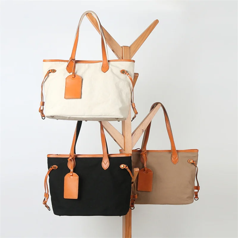 

Women Bag Retro Canvas Shoulder Bag European American Style Large Capacity Shopper Tote Solid Color Daily Lady Leather Handbags