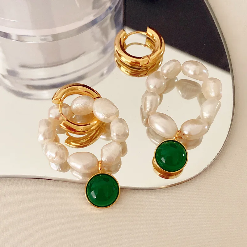 

Gold Earclip Earrings Elegance Retro Colored Glaze Green Earrings Natural Pearl Earrings Women Baroque Long Earrings