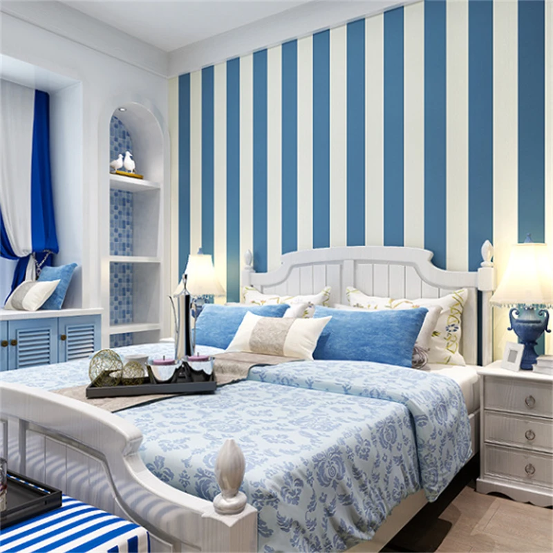 

Dark Blue Simple Vertical Stripes Wallpaper Bedroom Living Room Hotel Mediterranean Light Luxury Theme Homestay 3D Wall Stickers