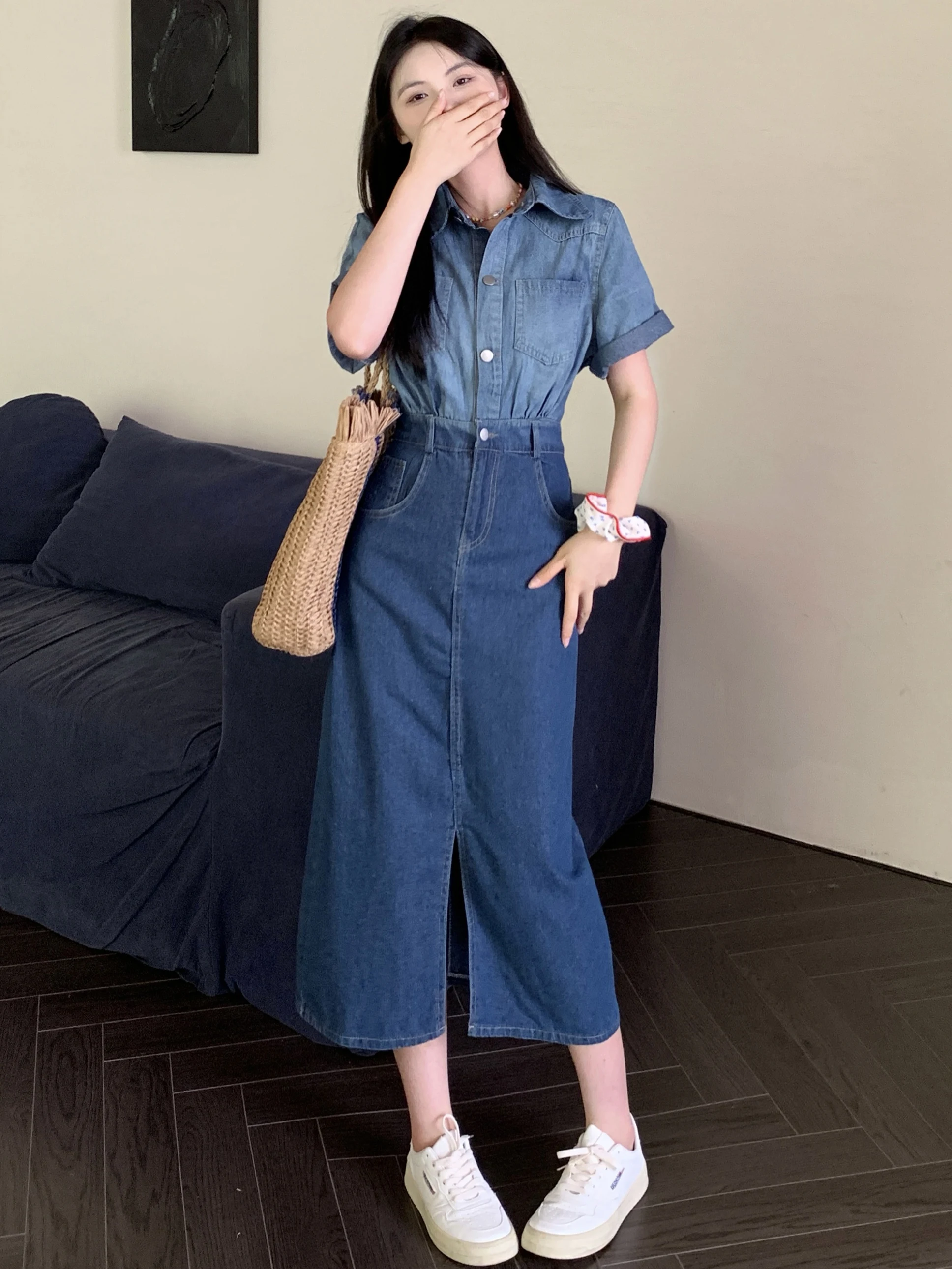 

Korean Summer New Simple Fashion All-match Loose Retraction Vintage Mid Length Waist Retraction Gradient Denim Dress Z442