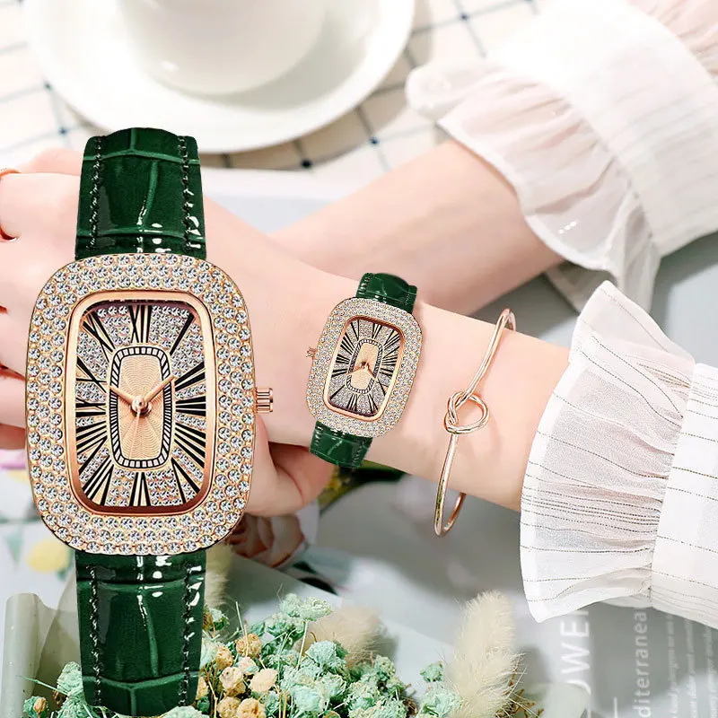 Wokai High Quality Classic Retro Women's Belt Quartz Square Green Quartz Watch Student Women's Wear Clock Luxury Style
