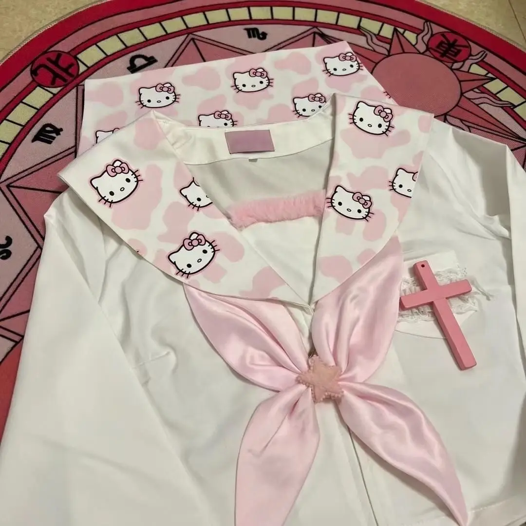 Розовые топы Sweet Lolita Hello Kitty Y2k JK униформа блузки мягкие милые рубашки с темно-синим