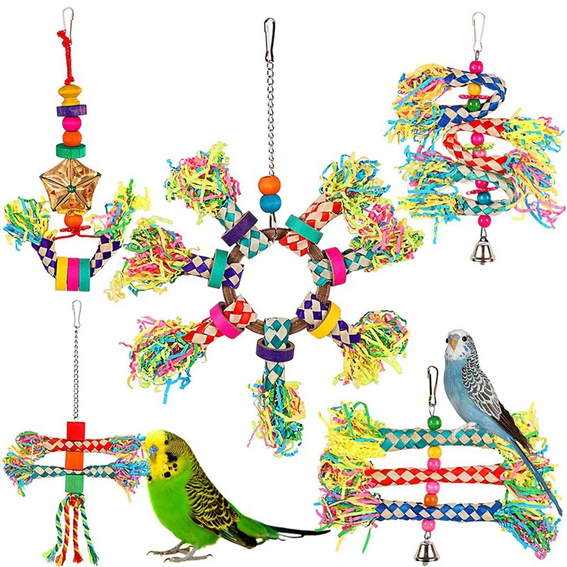 

Игрушки для измельчения птиц, 5 шт., красочные бамбуковые подвесные игрушки, жевательные деревянные кубики для попугаев, птица, модель мален...