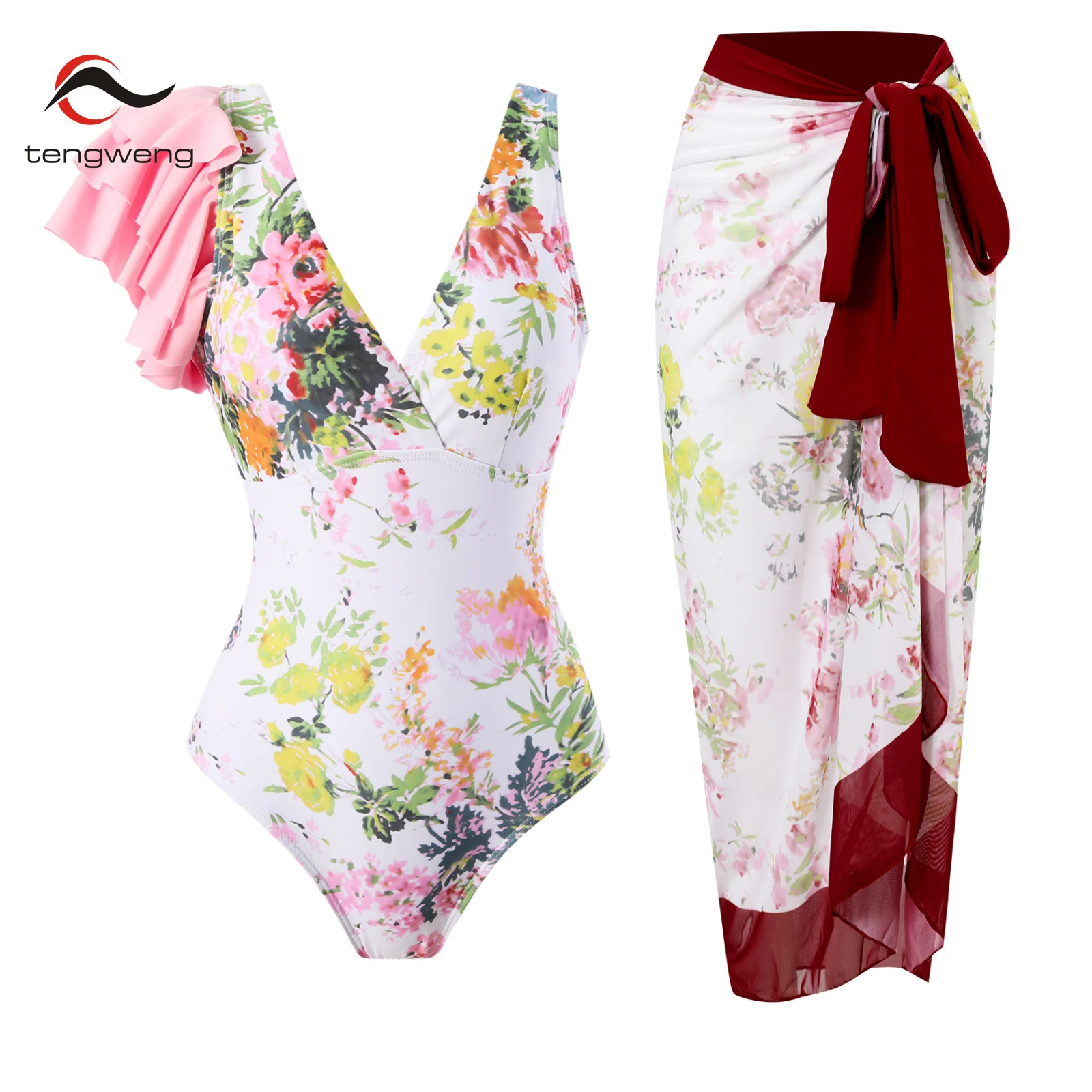 

2024 One Piece Push Up Women Bikini Set Floral Printed Ruffle Bikinis Strappy Bandage Swimwear Brazilian Biquini Bathing Suit