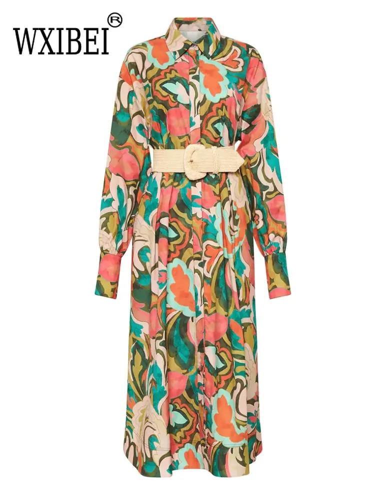 

WXIBEI Print Colorblock Vintage Dress For Women Lapel Long Sleeve High Waist Sashes Midi Dresses Female Clothing New 2022 FC117