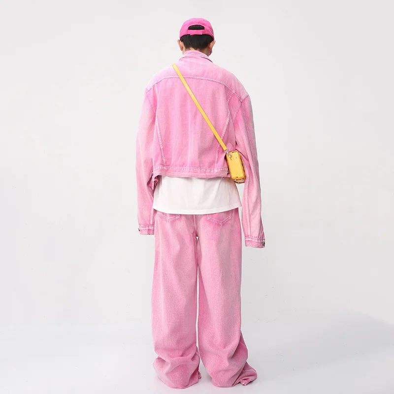 NOYMEI Pink Two Pieces Set Fashionable Long Sleeve Pocket Coat+straight Wide Leg Casual Pants Men Fashionable Trendy WA1595