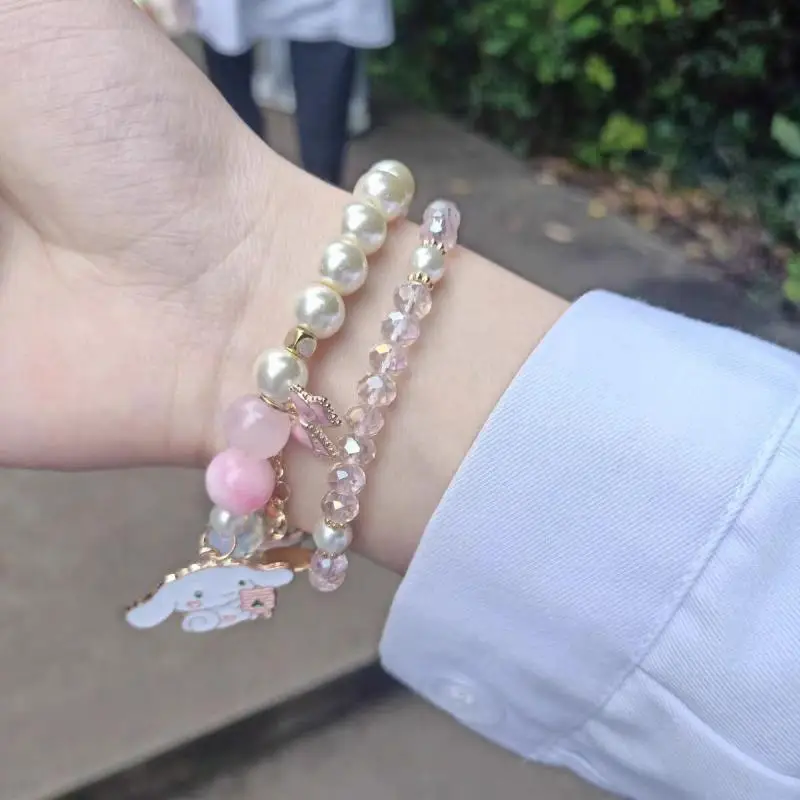 

Kawaii Sanrios Cinnamoroll Crystal Beaded Pearl Bracelet Student Girlfriend Cartoon Bow Flower Jewelry for girl Gift