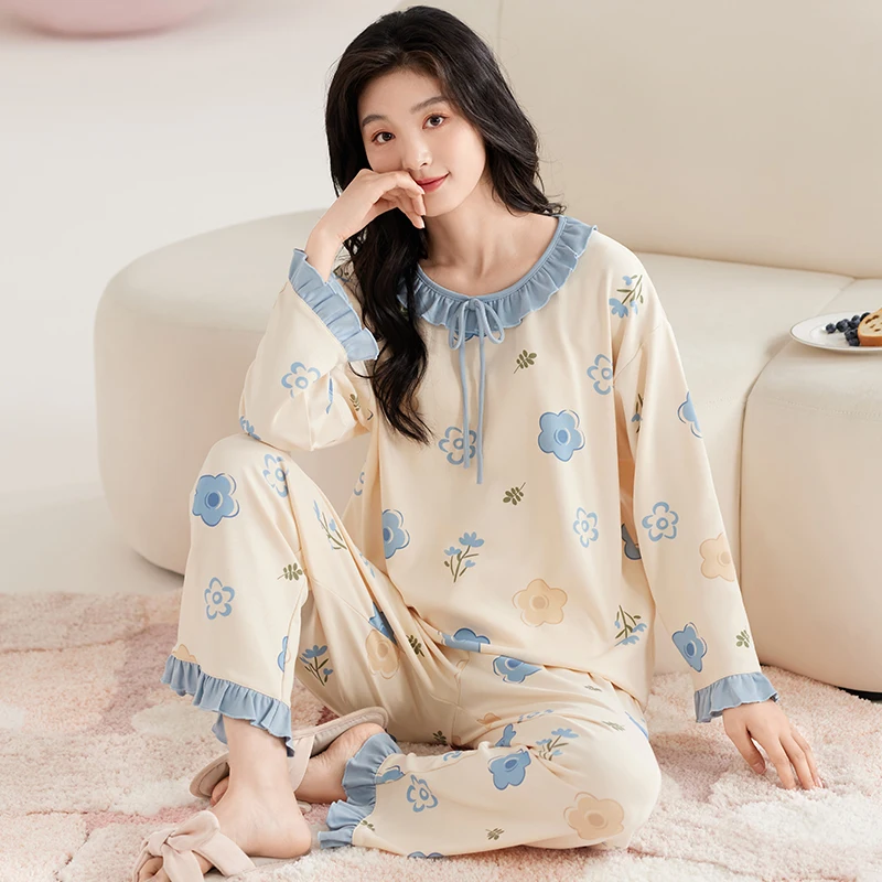 Пижамный комплект женский с длинным рукавом одежда для сна синими цветами милые