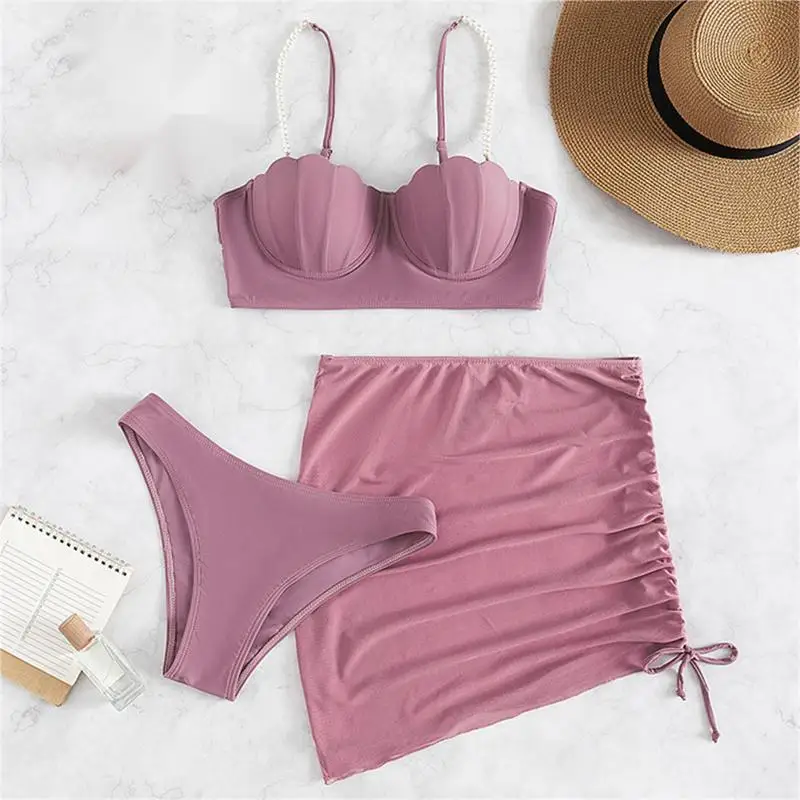 

2023 Push Up Bikini Beachwear Solid Color Frenulum Bathing Suit Women Sexy 3 Piece Bikinis Set Swimsuit With Skirt