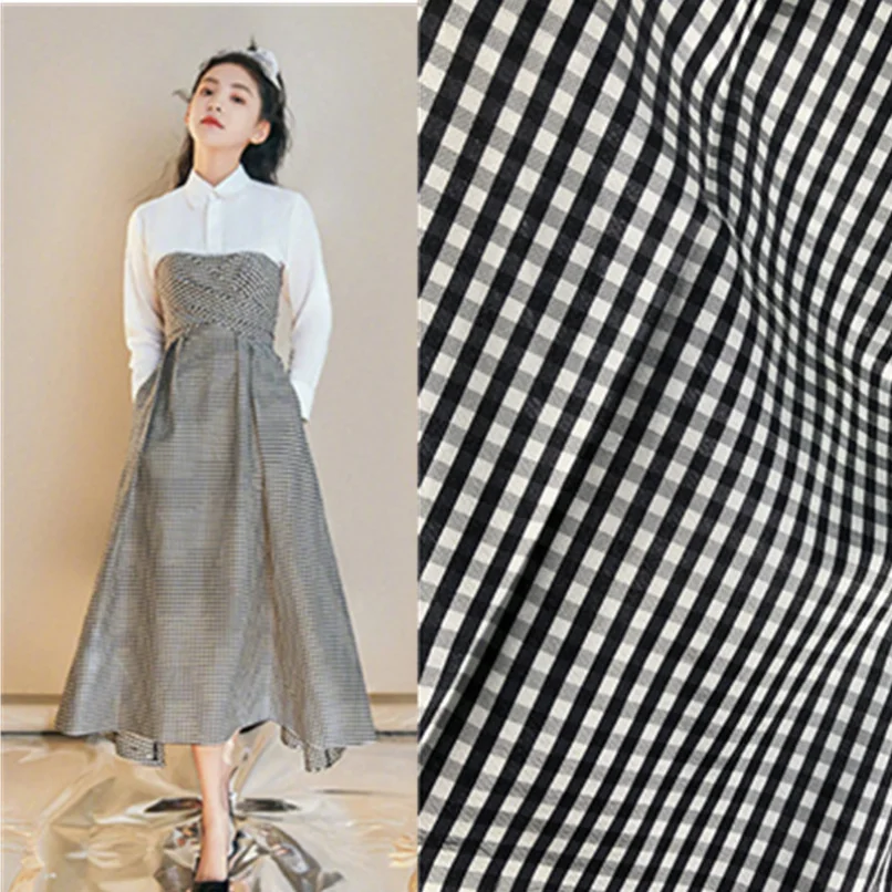 

Black plaid jacquard brocade fabric cloth 145 cm width diy crisp fashion dress sewing custom production polyester fabric