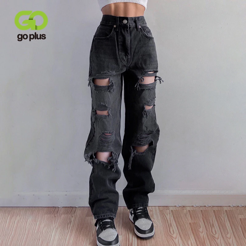 

GOPLUS Ripped Streetwear Baggy Jeans Woman Black High Waist Pants Wide Leg Trousers Loose Straight Pantalones De Mujer