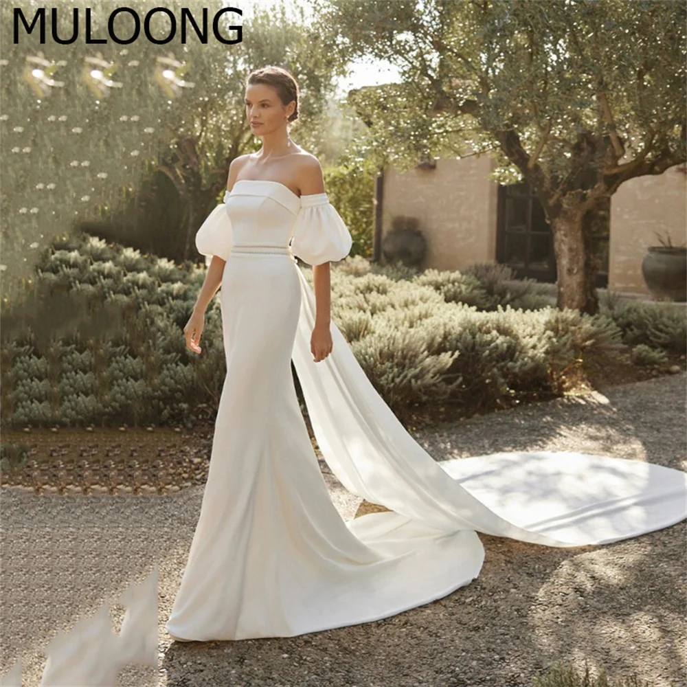 

MULOONG Elegant Ivory Strapless Short Puff Sleeve Mermaid Wedding Dress Floor Length Sweep Train Ruched Gown vestido de noiva