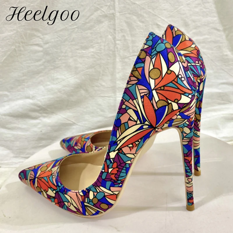 Фото Heelgoo пикантные женские элегантные туфли-лодочки на высоком каблуке-шпильке с ярким художественным принтом и острым носком, модельные туфли на тонком каблуке №2