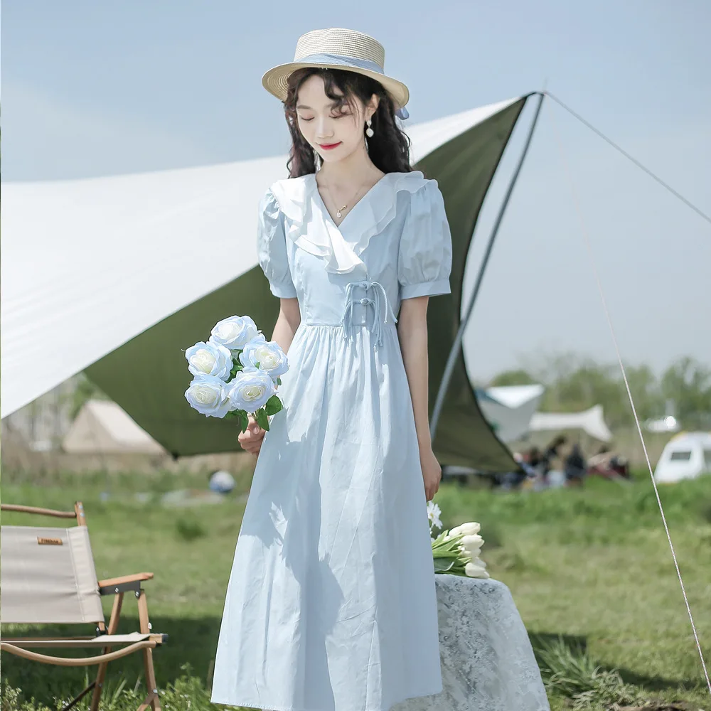 

Blue Fashion Ruffle Collar Puff Sleeve Dress for Women Lace Up High Waist Elegant Chiffon Dress Summer Losse Casual Midi Dresses