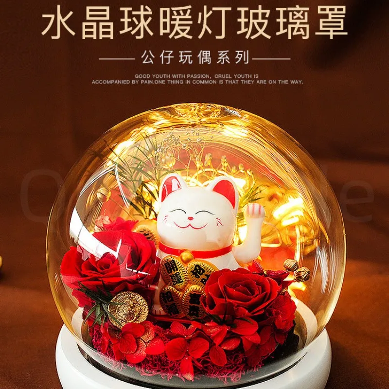 (Christmas gift) Creative gift doll cat immortal flower glass cover gift box Christmas gift immortal flower finished product