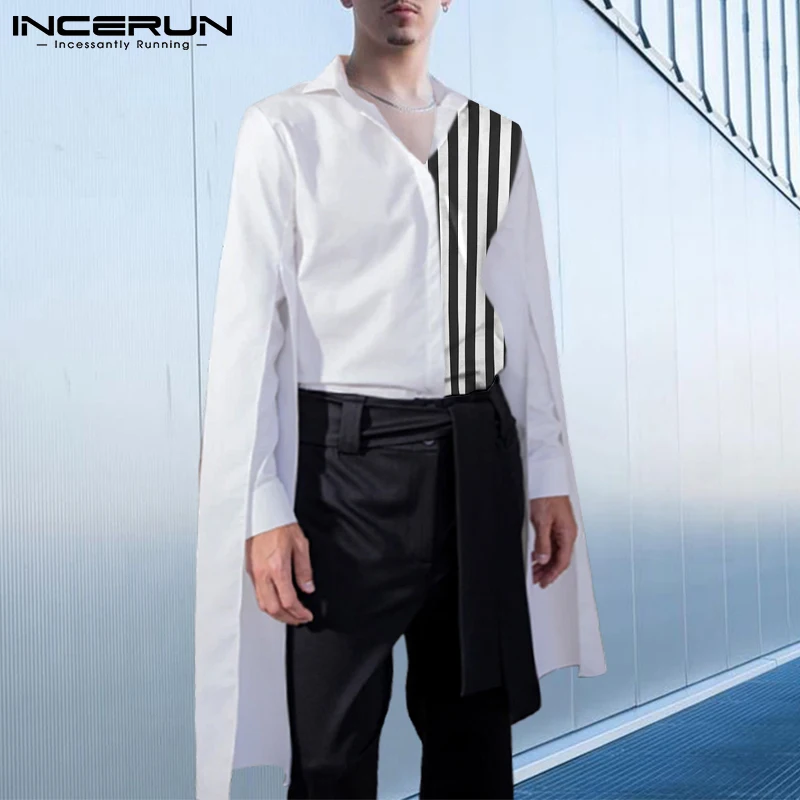 

Handsome Well Fitting New Men's Blouse Sexy Leisure All-match Stitching Striped Slit Long Sleeve Shirts S-5XL INCERUN Tops 2022