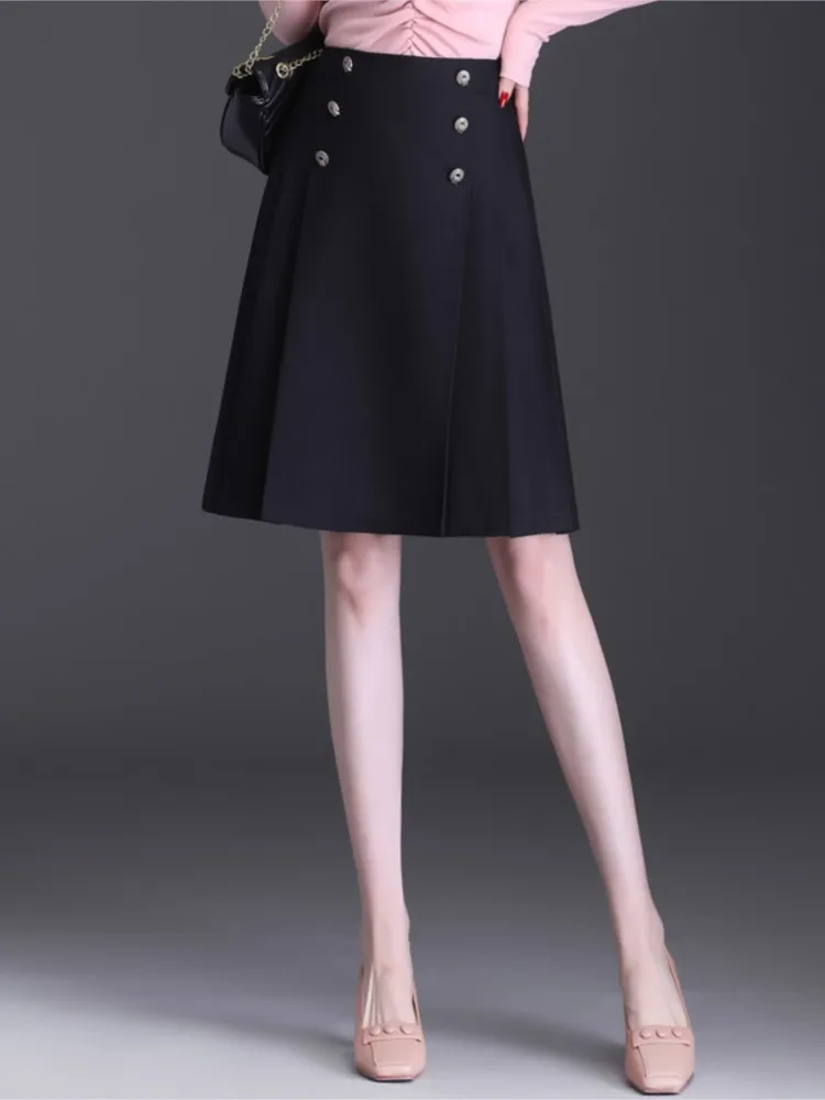 

Юбка-трапеция на пуговицах женская, однотонная модная короткая юбка с завышенной талией, со складками, до колена, одежда для работы, весна-осень