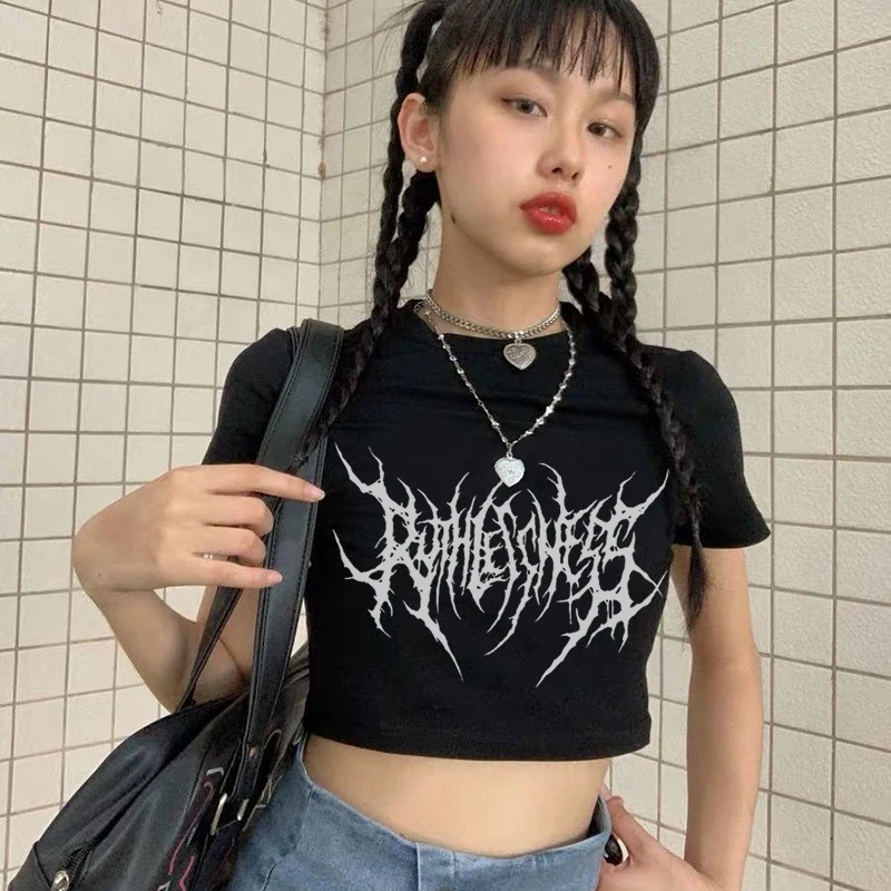 

Summer Gothic Letter Print T-Shirt Crop top Hip Hop Harajuku Women clothes Tee Tops Y2K Punk Vintage Slim fit Streetwear T shirt