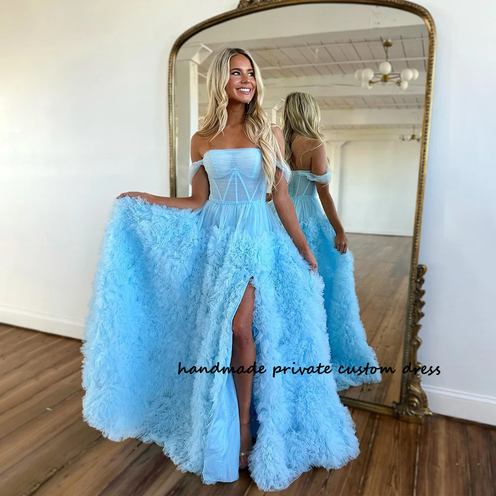 

Blue Pleats Tulle A Line Prom Party Dresses Side Split Off Shoulder Evening Party Gowns Side Split Corset Fairy Homecoming Dress