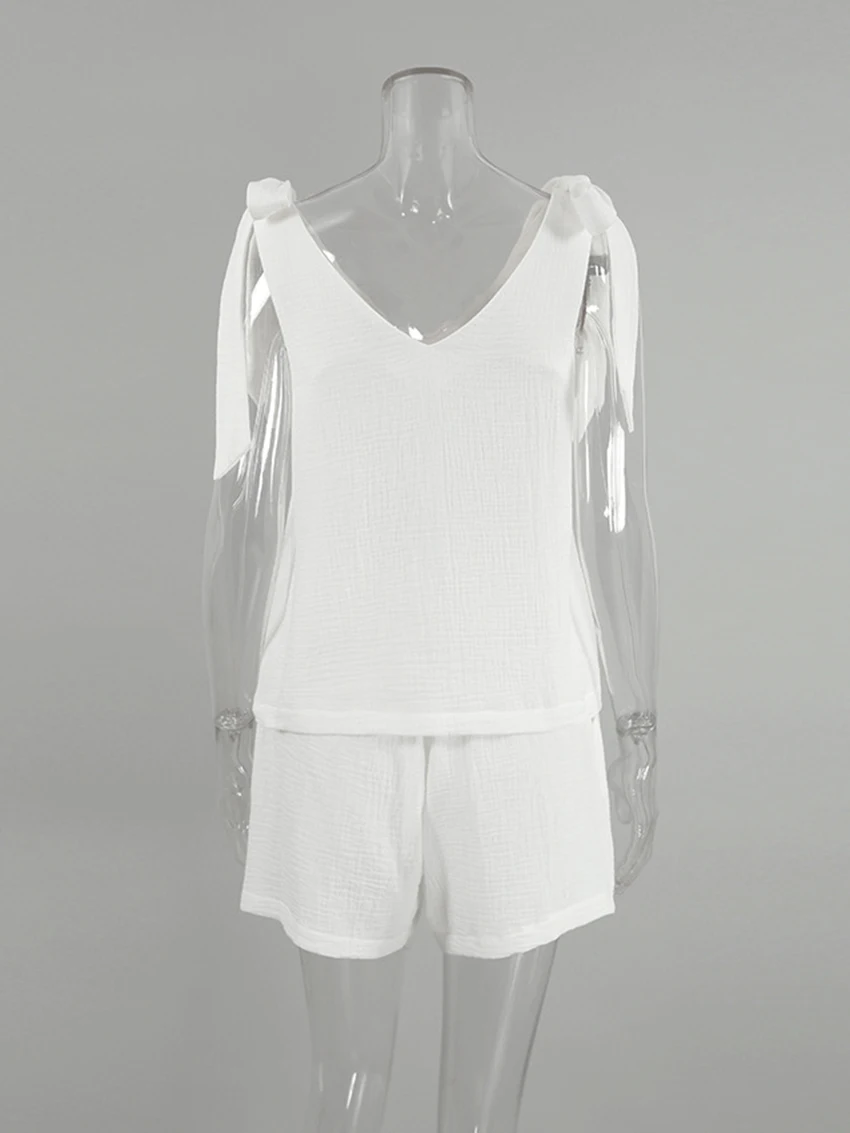 Marthaqiqi Cotton Women'S Pajama Set Sexy V-Neck Ladies Sleepwear Lace Up Bow Nightwear Loose Shorts Women 2023 New Summer Suits