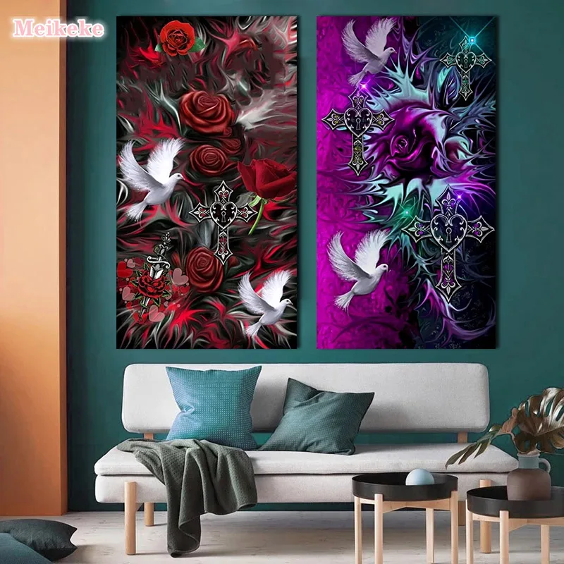 

Fantasy Gothic Diamond Painting Cross Dove Rose Full Diamond Embroidery 5D Diy Cross Stitch Kit Mosaic Rhinestones Picture Decor