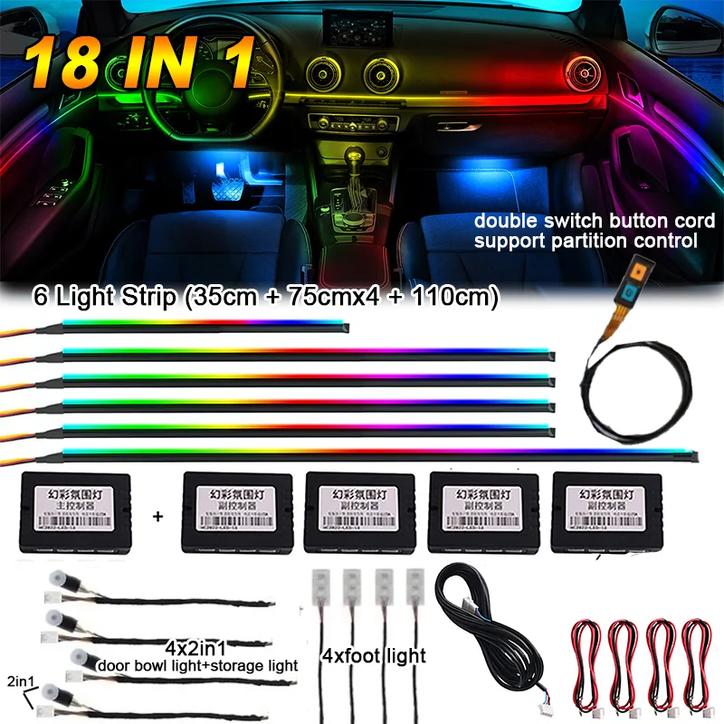 

18 IN 1 Symphony RGB Car Interior Ambient LED Light Strip Universal Car Interior Lighting Dashboard Door Atmosphere Light Trim