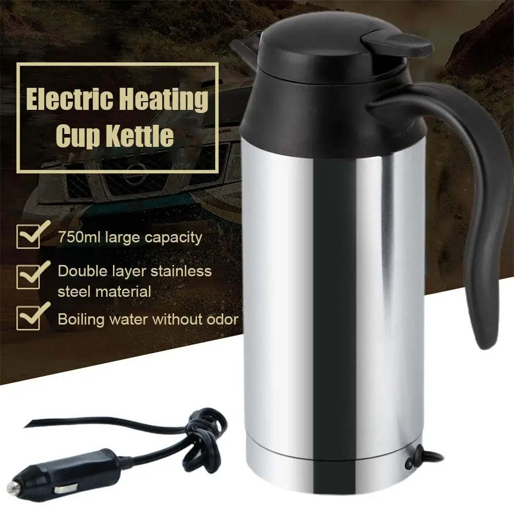 

750ML 12V/24V Electric Heating Cup Kettle Stainless Steel Water Heater Bottle for Tea Coffee Drinking Travel Car Truck Kett P2Y3