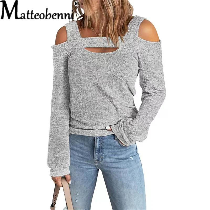 Купи Autumn Fashion Women Casual Tops Sexy Off Shoulder Solid Color Loose Long-Sleeve T-Shirt Ladies Square Neck Hollow Out T-Shirt за 650 рублей в магазине AliExpress