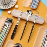 portable stainless steel cutlery set travel tableware with storage box square chopsticks sharp tail knife fork kitchen utensils