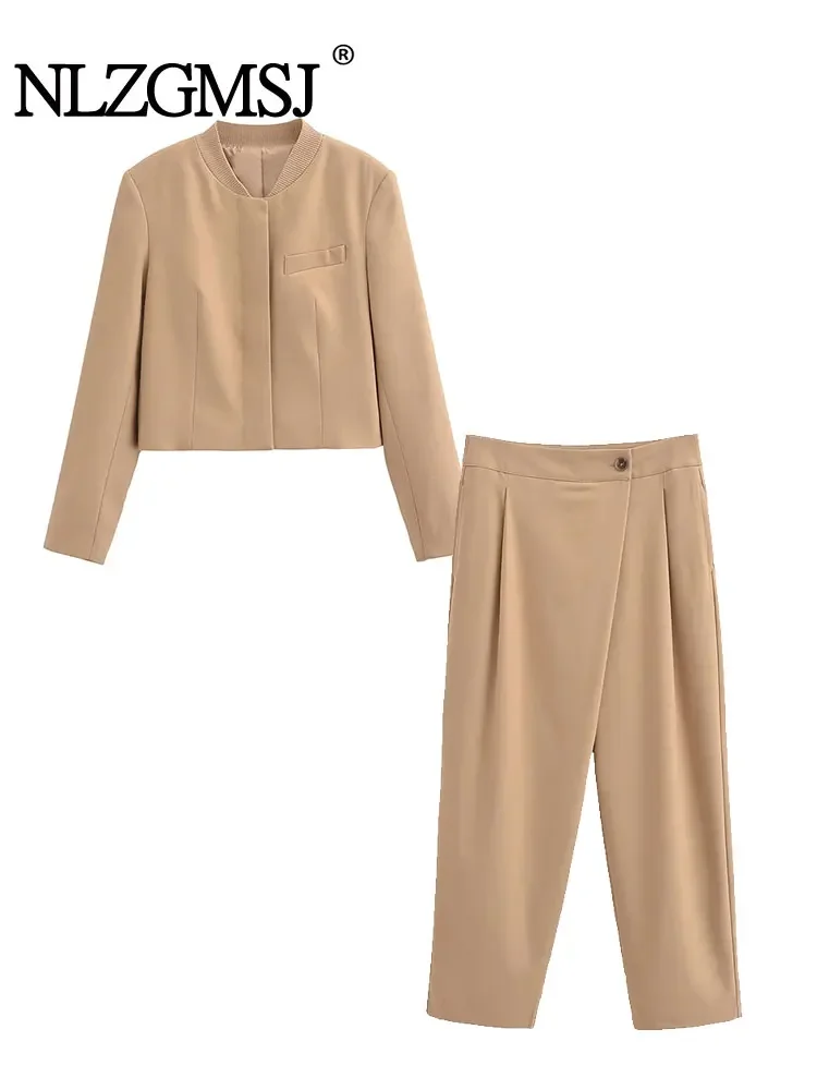 

Женский брючный костюм Nlzgmsj TRAF со складками, прямые брюки с запахом, женские костюмы с воротником в рубчик, куртка на пуговицах, коричневые комплекты, 2023