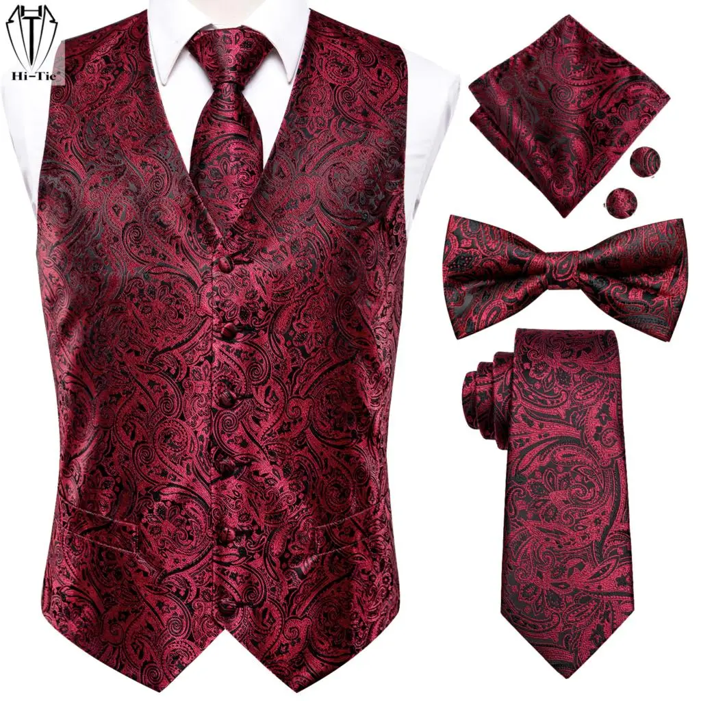 

Hi-Tie Red Burgundy Silk Mens Vest with Matching Tie Bowtie Hanky Cufflinks Set Jacquard Suit Dress Waistcoat Sleeveless Jacket