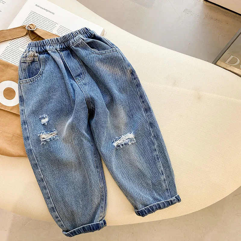

Boys' And Girls' Denim Pants With Holes Washed Cotton Children's Clothing Fashion Casual Radish Pants 2022 Spring And Autumn New