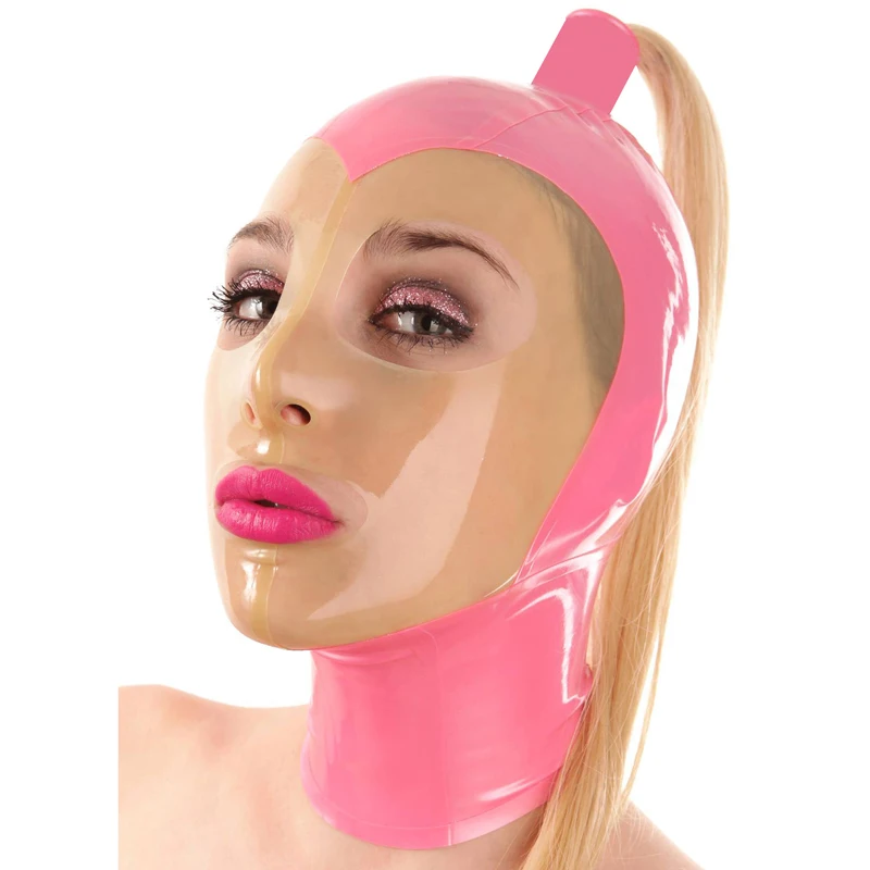 

Pink and Clear Latex Rubber with Hair Pigtail Headgear Costumes Handmade Headpiece RLM241