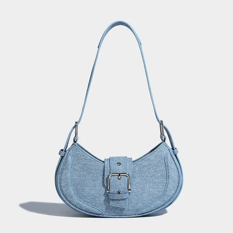 Новинка 2023, модная женская сумка, джинсовая Синяя сумочка, элегантная полукруглая сумка на плечо с полумесяцем для девушек