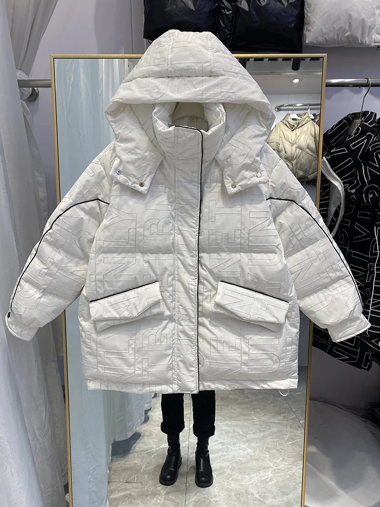 Hooded Korean Parkas Fashion Winter Jacket Coat Female Black White Letter Print Loose Snow Outwear Mujer Women clothing