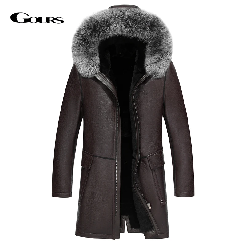 

Мужское длинное пальто Gours, черное пальто из натуральной овечьей Дубленки с капюшоном и натуральным лисьим мехом, JF1805, зима 2019