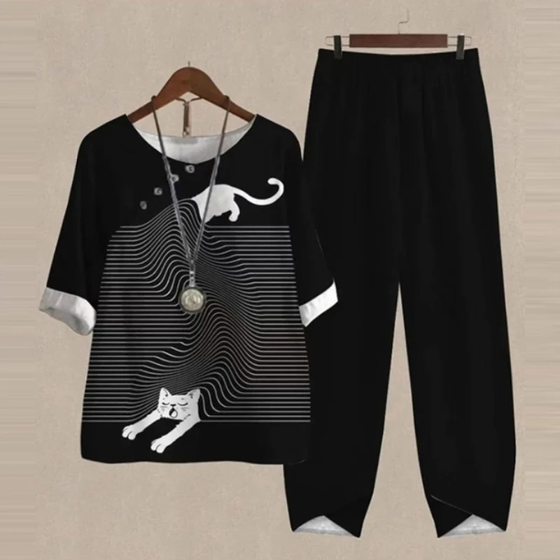 Women Two Piece Set Fashion Round Neck Half Sleeve Print Loose Wide Legs Pants With Pockets Sets High Streetwear Women Pant Set